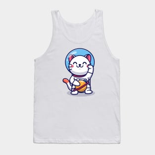 Cute Cat Astronaut With Planet Cartoon Tank Top